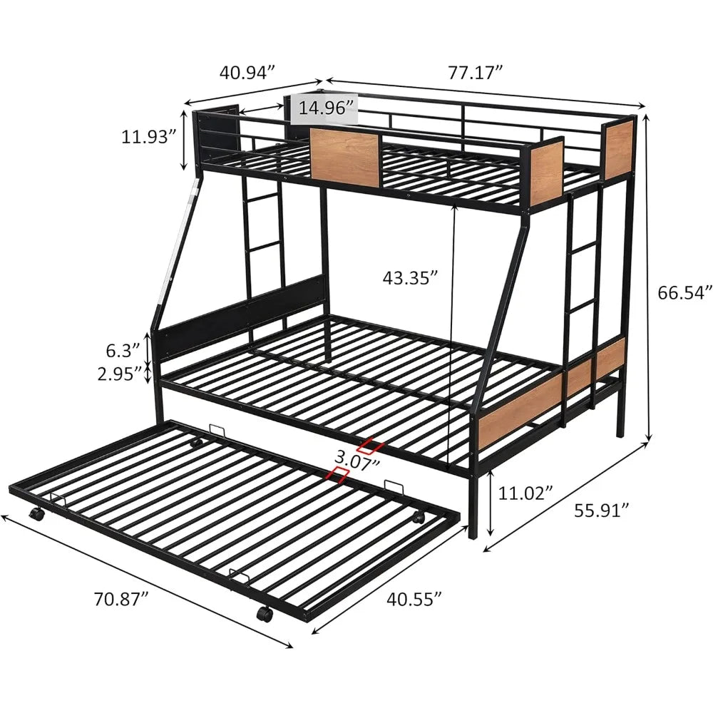 Twin Over Full Bunk Beds with Trundle Bed, Heavy Duty Metal Bed Frame with Safety Rail 2 Side Ladders, No Box Spring Needed