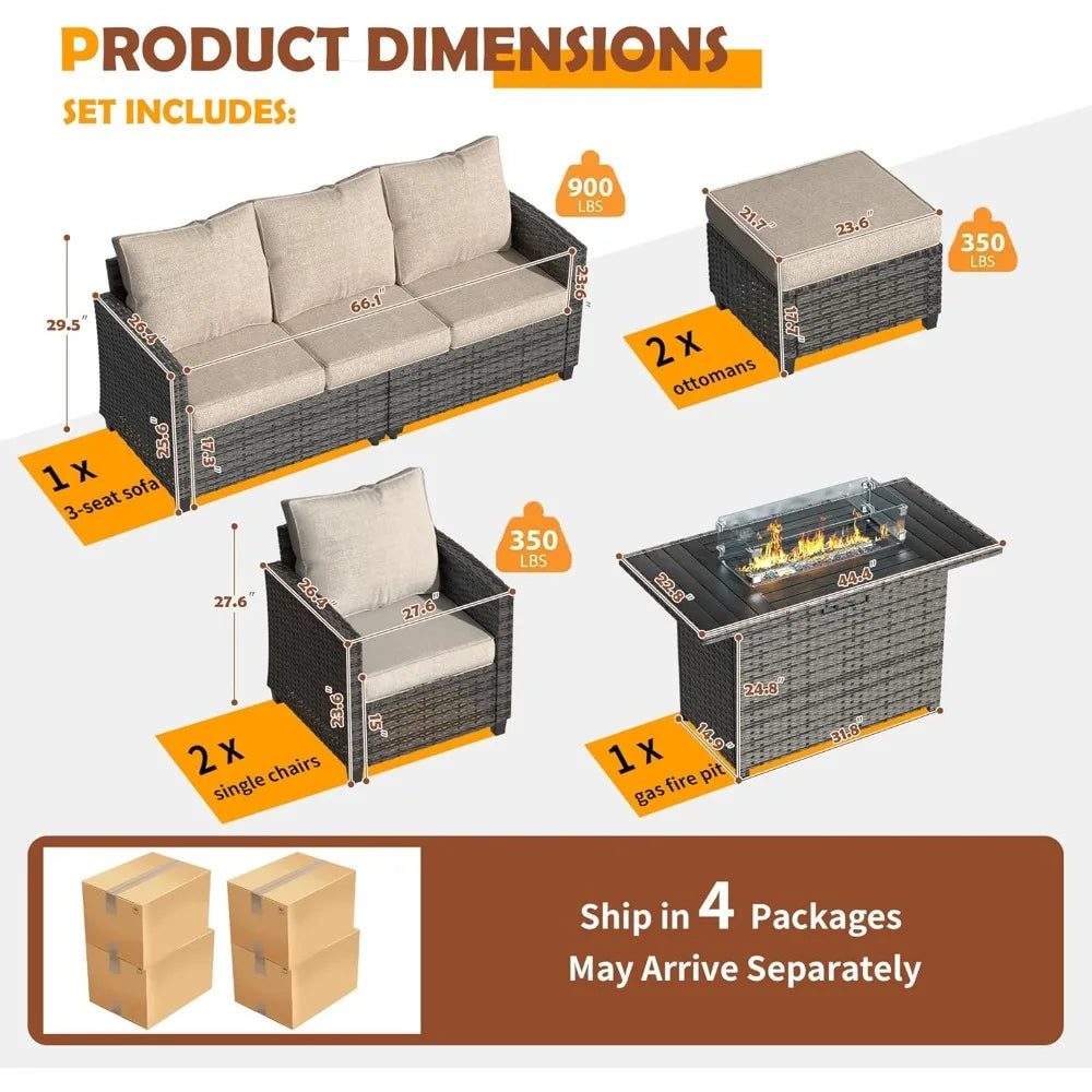 Outdoor Furniture Sets, with Fire Pit Table, 6 Pieces Outdoor All-Weather Wicker Rattan Sofa Ottoman,  Garden Furniture Sets