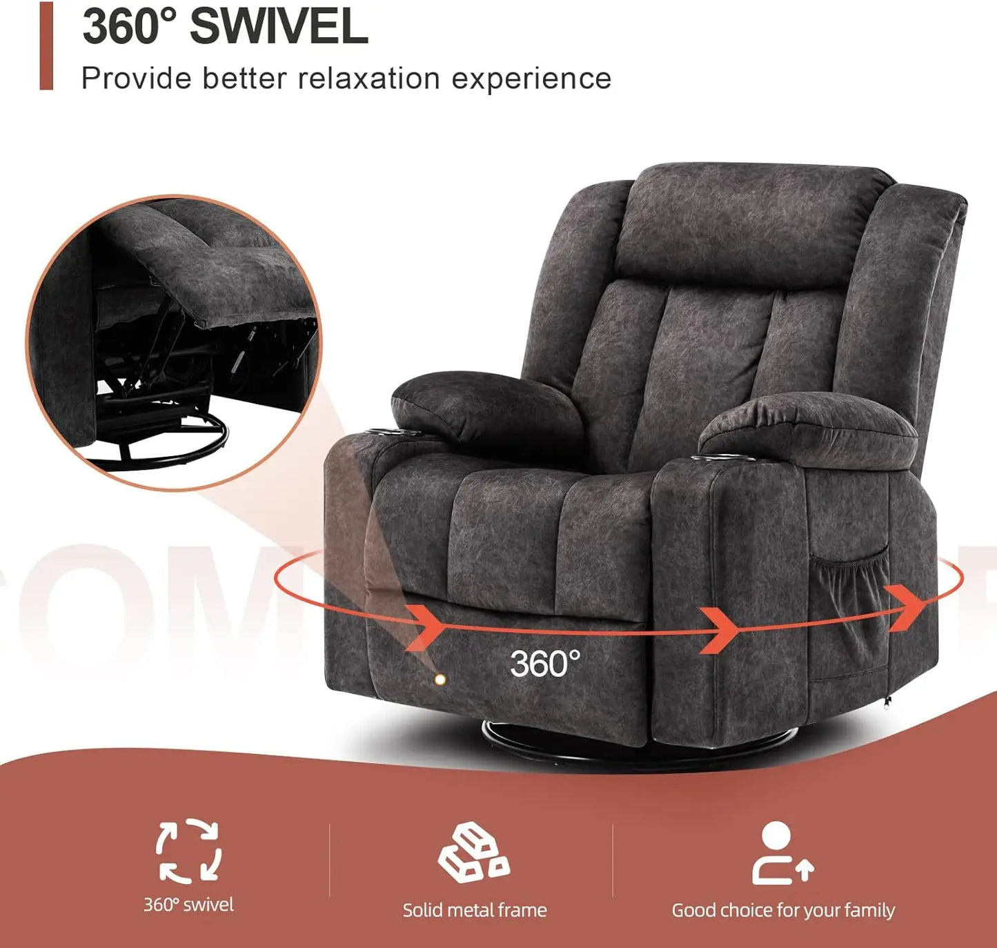 Chair Massage Rocker with Heated 360 Degree Swivel Lazy Boy Recliner Single Sofa Seat with Cup Holders for Living Room