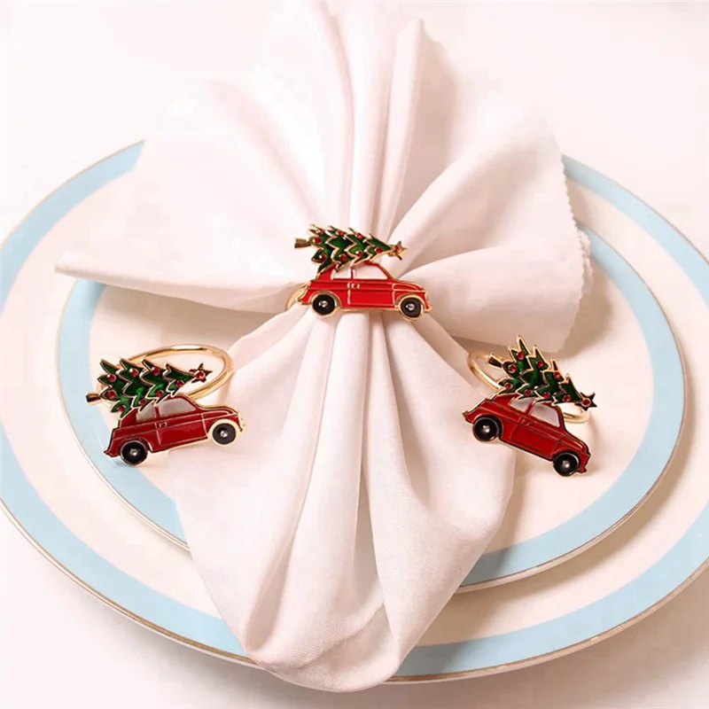 12Pcs Cute Car Shape Metal Christmas Napkin Ring Holder Multicolor Towel Tissue Ring Napkin Buckle Table Decor