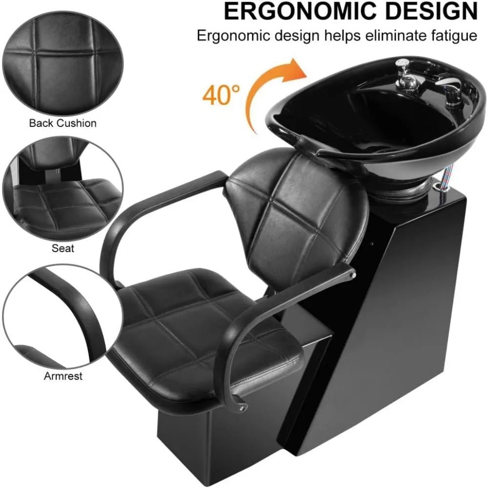 Shampoo Bowl Backwash Barber Chair Adjustable Ceramic Bowl Sink W/Rubber Headrest for Salon Beauty Spa Equipment (Black)