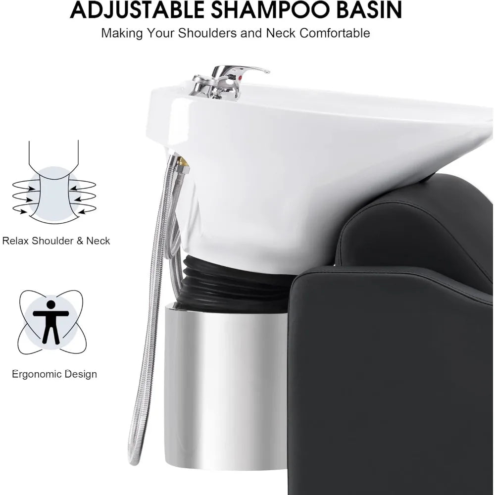 Shampoo Station Chair, Adjustable Porcelain Ceramic Hair Wash Bowl with Chair, Shampoo Station for Barber Shop, Shampoo Chairs