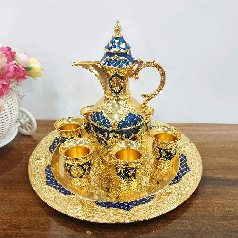 Turkish Tea Set Retro Coffee Cup Set Long Spout Wine Set Wine Pot with Teapot Tea Tray 6 Metal Cups Home Tea Table Decoration