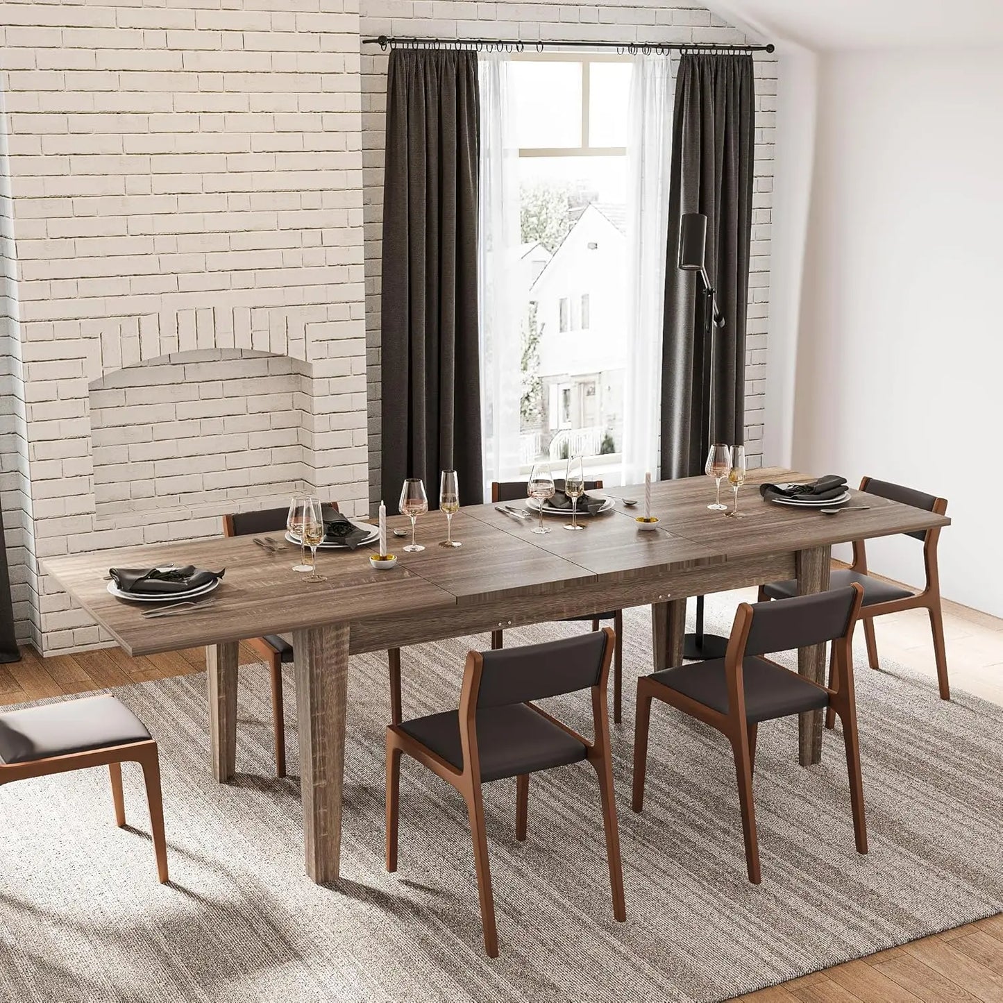 Wood Expandable Dining Table, Modern Extendable Dining Room Table Large Rectangle Dining Table with Leaf Extension