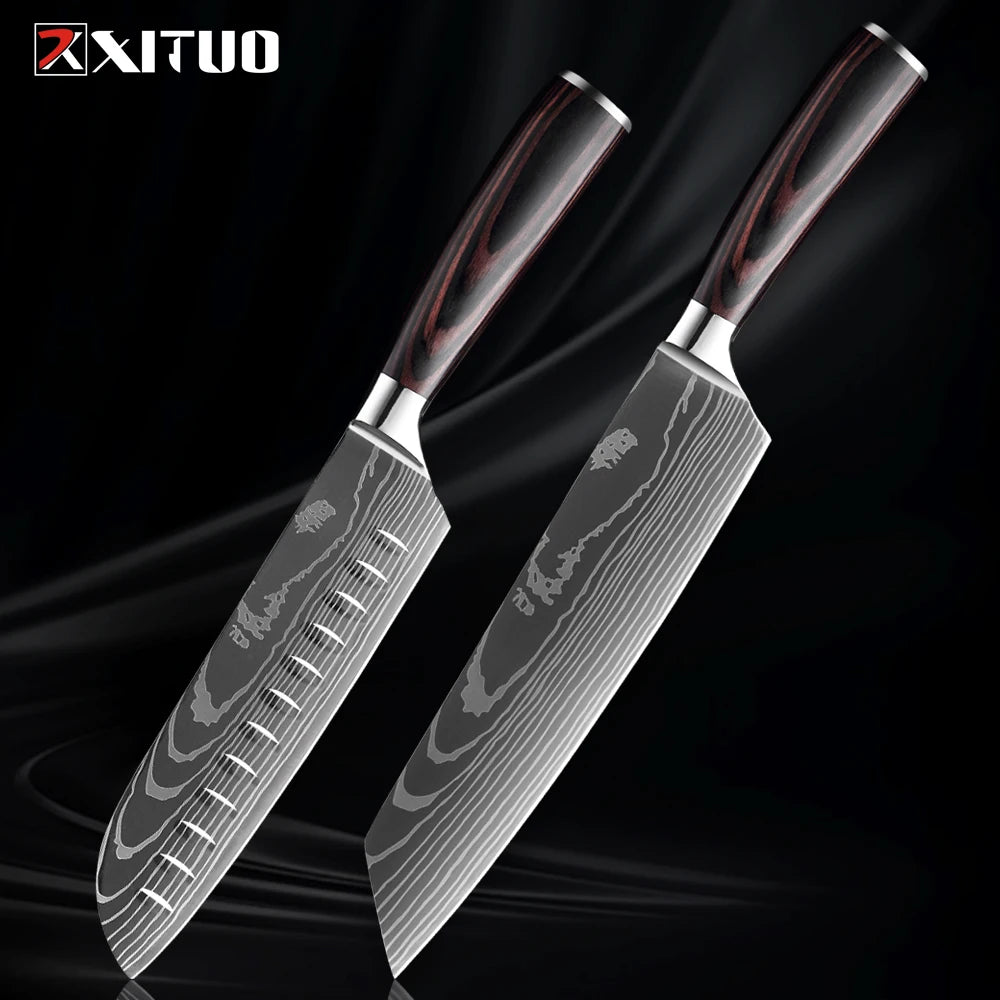 XITUO Kitchen Knife Set 1-9PCS,7Cr17Mov Stainless Steel Sharp Chef Knife Santoku Knife Fruit knife Ergonomic Pakkawood Handle