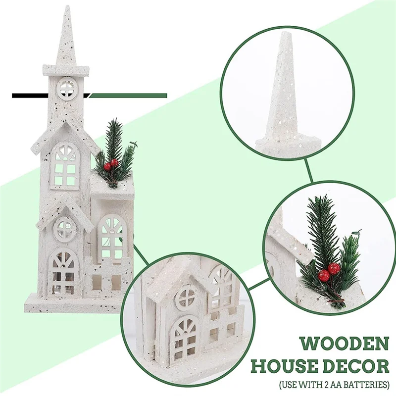 Christmas Wood Village Christmas LED Church Light House Snow Scene Xmas Decorations for Christmas Desktop Ornament