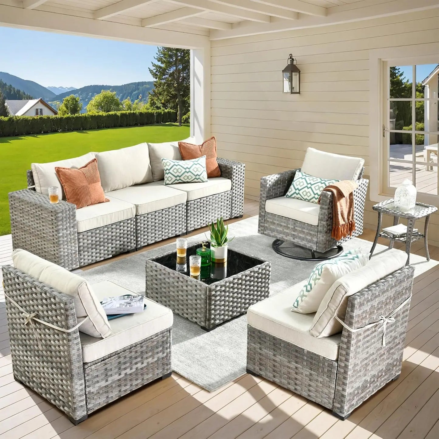 9 Pieces Patio Furniture Set, Outdoor Sectional Sofa with Swivel Rocking Chairs, Wide Arms and Deep Seat, Wicker Rattan Set