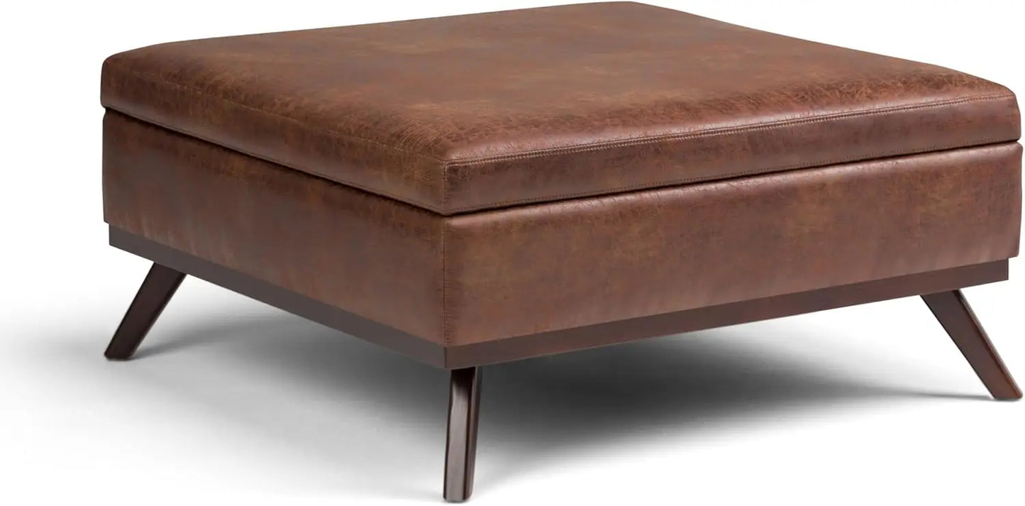 Owen 36 Inch Wide Mid Century Modern Square Coffee Table Lift Top Storage Ottoman in Upholstered Distressed Saddle Brown Faux