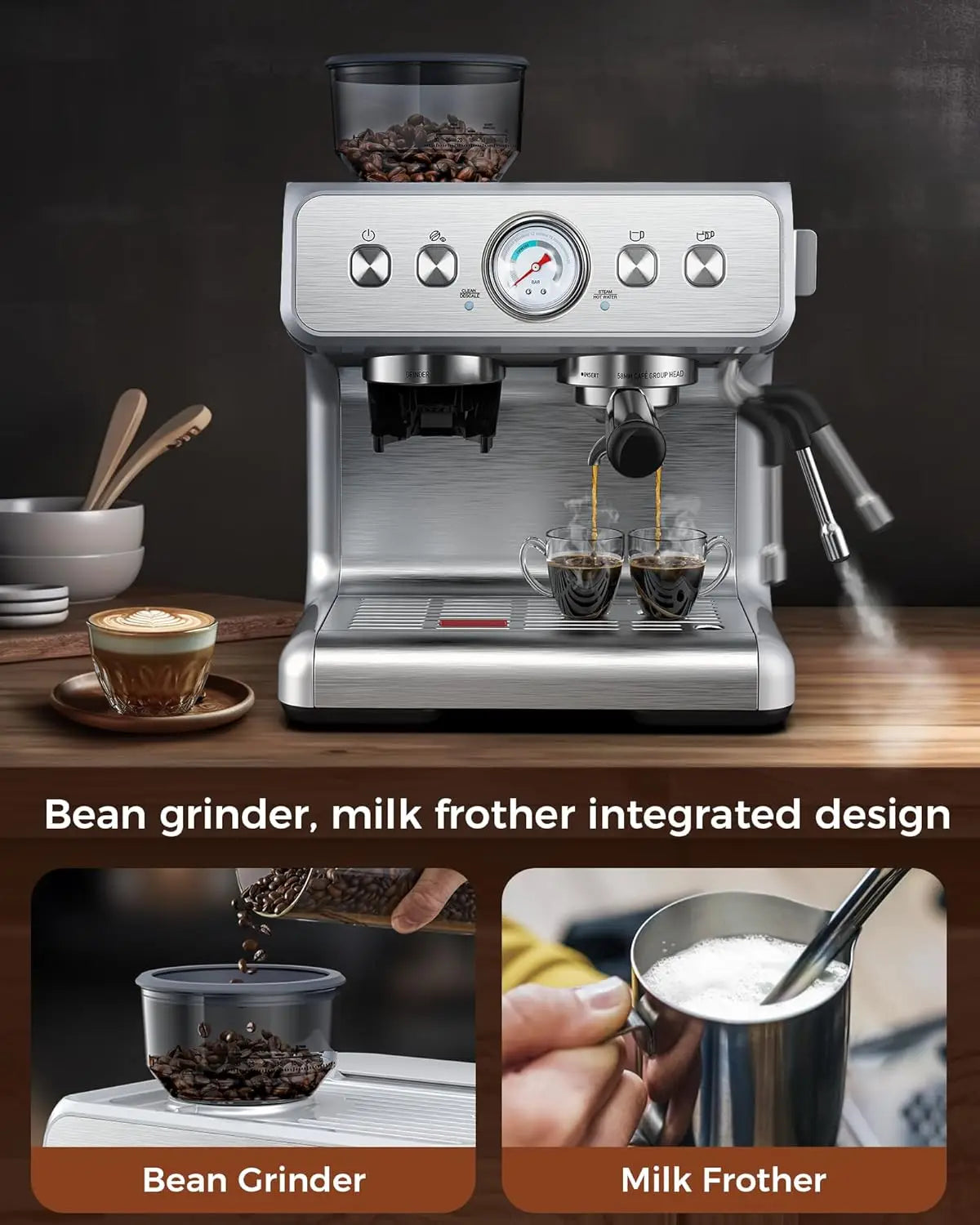 Machine 15 Bar, Semi-Automatic Espresso Maker with Bean Grinder and Milk Steam Wand, 75 Oz Removable Water Tank