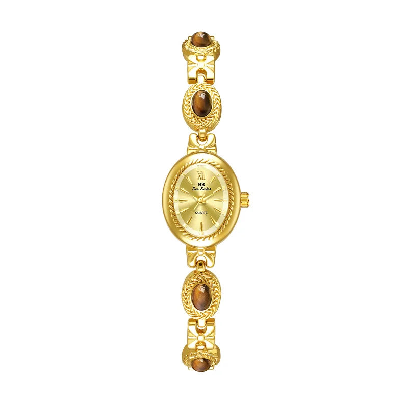 Luxury Elegant Watches For Women Gold Bracelet Amber Jewelry Quartz Oval Wristwatch 2025 New Fashion Retro Original Ladies Watch