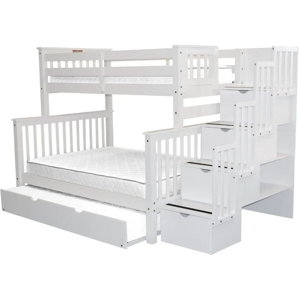 Bunk Bed, King Stairway Bunk Beds Twin Over Full with 4 Drawers in The Steps and A Twin Trundle, Wood Bunk Bed Frame