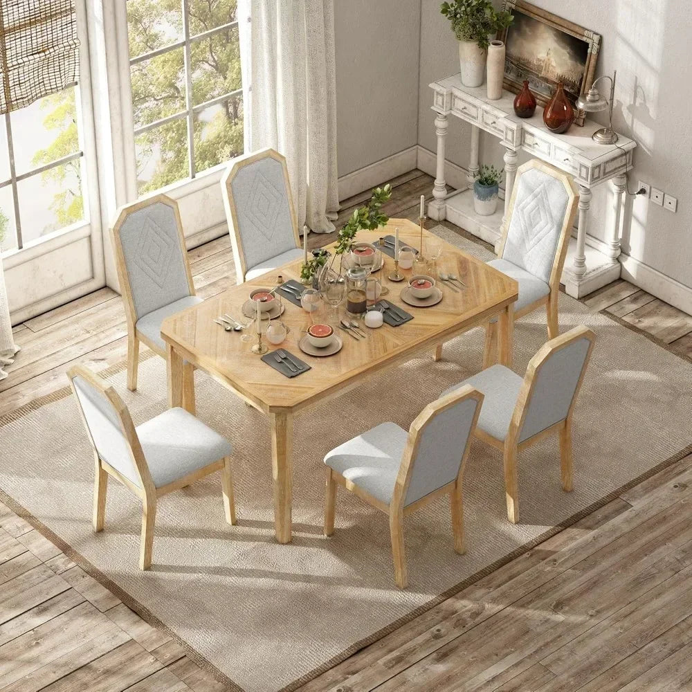 7 Pieces Dining Table Set, Wooden Rustic Table with 6 High-Back Tufted Chairs, Kitchen Dining Room Table Set for 6 People