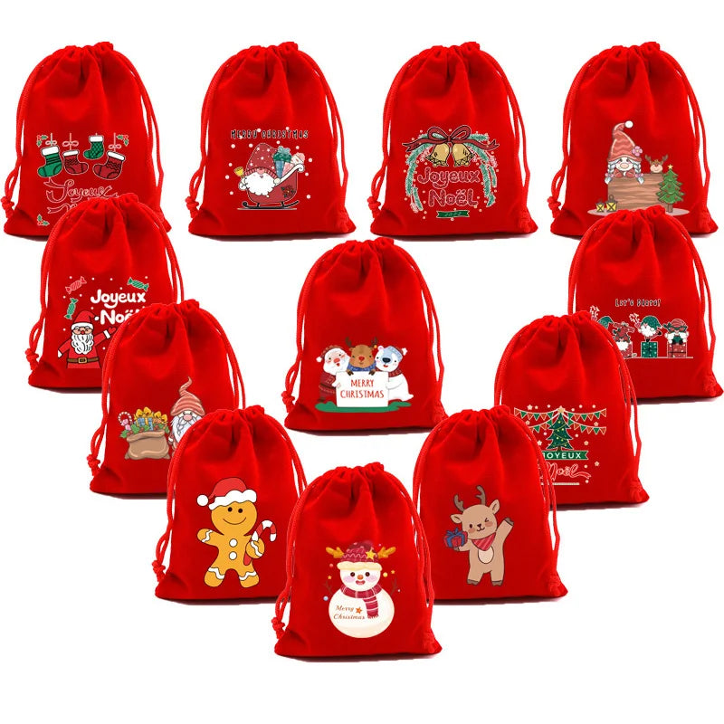 5/10PCS Christmas Gift Bags Velvet Storage Bags for Candy Snack Drawstring Wrapping Bag Xmas Gifts Packing Bag Gift Decoration