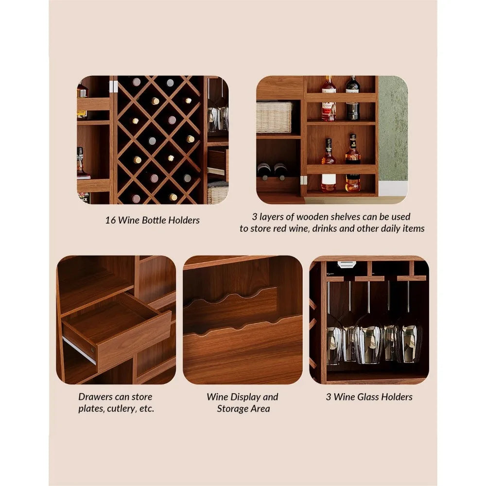 Home Coffee Bar Cabinet Rustic Foldable Sideboard Buffet Storage Cabinet with Wine Bottle Holder & Wine Glass Holder,