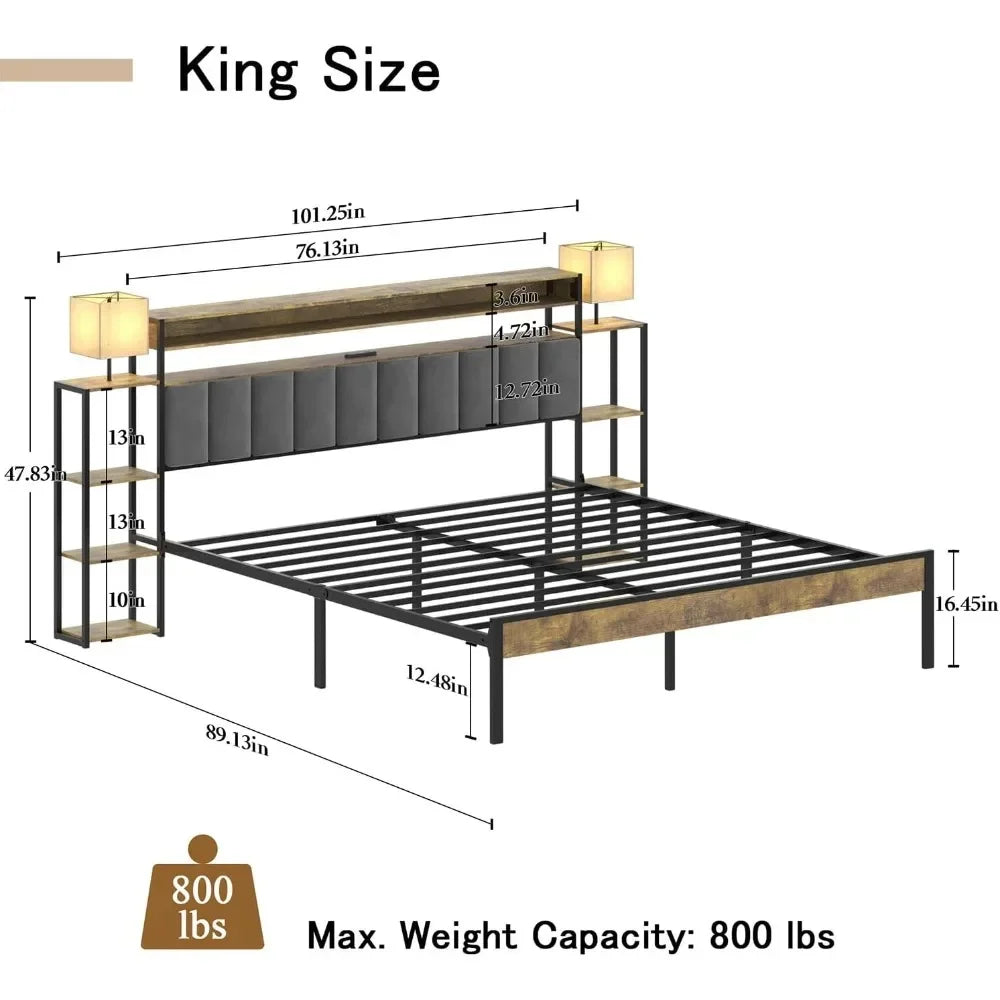 Bed Frame with Storage Bookcase Shelves,No Box Spring Needed Velvet Upholstered Platform Bed with LED Lights and 2 USB Ports