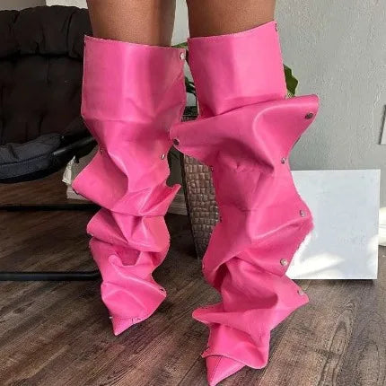 Pointed Toe Fold Knee High Boots Fashion Buckle Stiletto Heels Hot Pink Spring Sexy Girl Wrinkles Shoes Party Dress Shoes