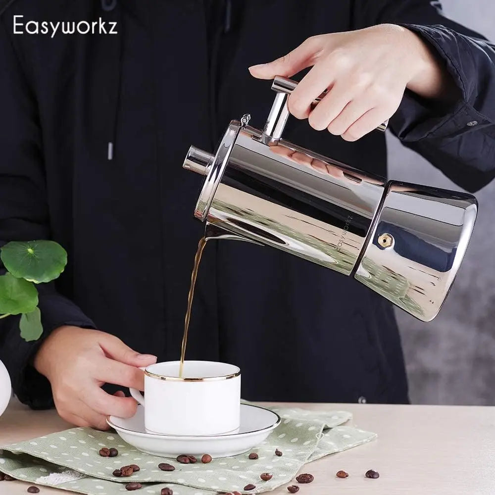 Easyworkz Diego Stovetop Espresso Maker Stainless Steel Italian Coffee Machine Maker 4Cup 6.8 oz Induction Moka Pot