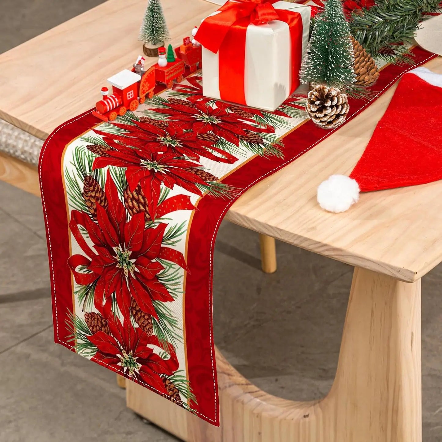 Christmas Poinsettia Red Linen Table Runner Seasonal Winter Xmas Party Decor Holiday Wedding Table Decor Navidad Decoration 2025