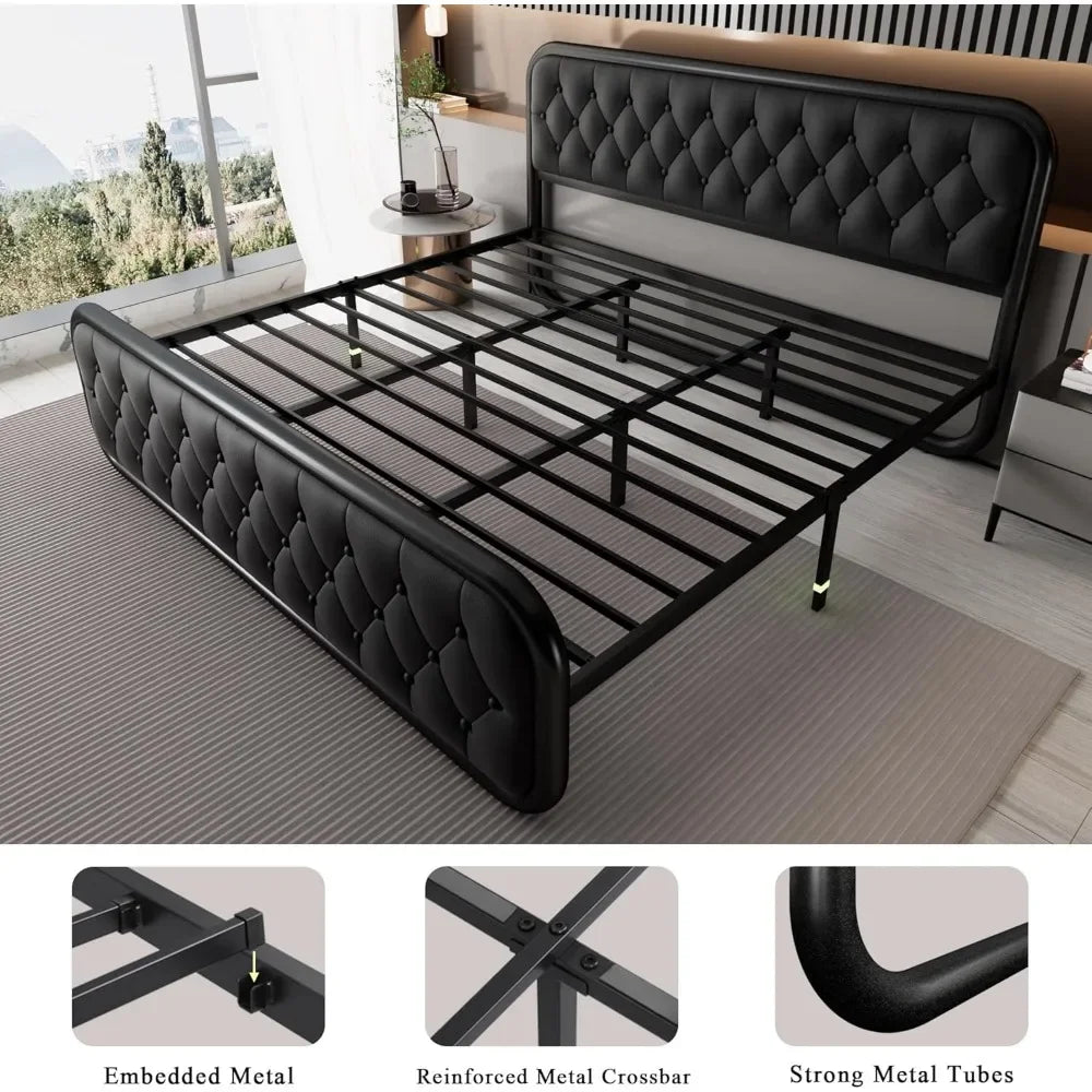 King Size Bed Frame, Heavy Duty Bed Frame with Faux Leather Headboard, Upholstered Platform Bed with Strong Metal Slats