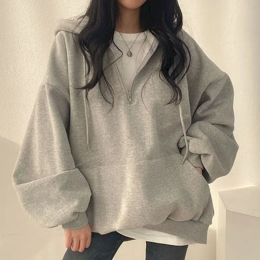 Oversized Hoodie with Zipper for Women, Monochrome Sweatshirts, Casual Hoodies, Essential for Female, Korean Fashion, 2023