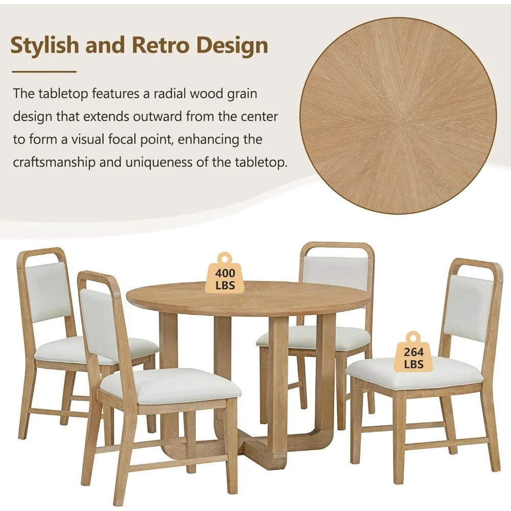 Dining Table and Chairs, Round Dinings Table and 4 Upholstered Chairs Set Retro Dinings Room Sets ,Wood Dining Furniture Set