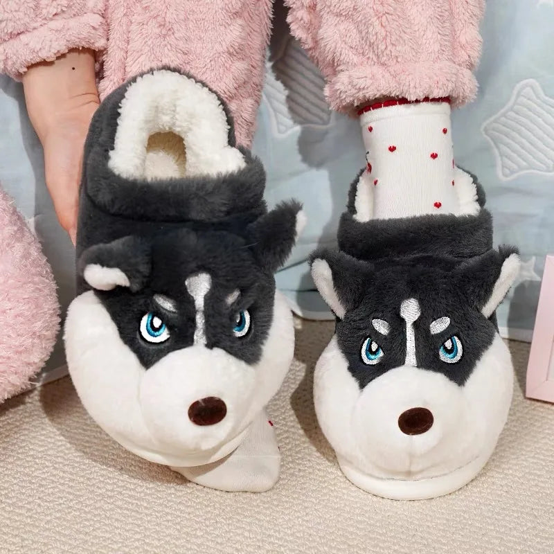 Women Indoor Cotton Slippers Cute Cartoon Dog Winter Warm Shoes Couples Home Floor Slides Anti-slip  Female Male House Footwear