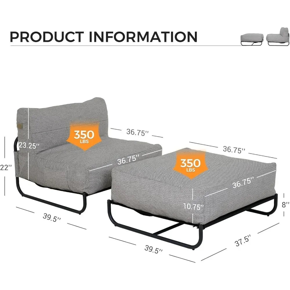 3-foot Bean Bag Chair, Memory Foam and E-coated Steel Frame Removable Cover, Bean Bag Outdoor Sofa (40 "/grey)