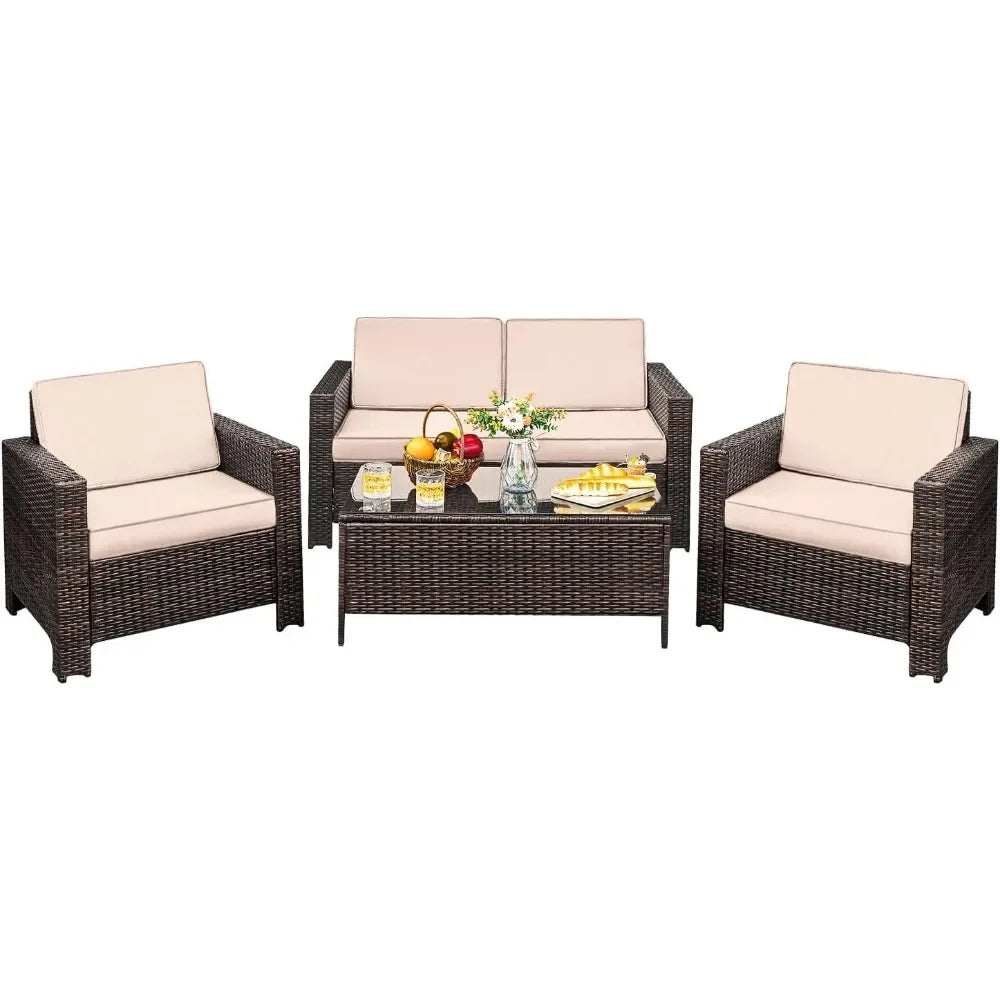 4 Pieces Patio Furniture Sets Rattan Chair Wicker Conversation Sofa Set, Outdoor Indoor Backyard Garden Poolside Balcony Use