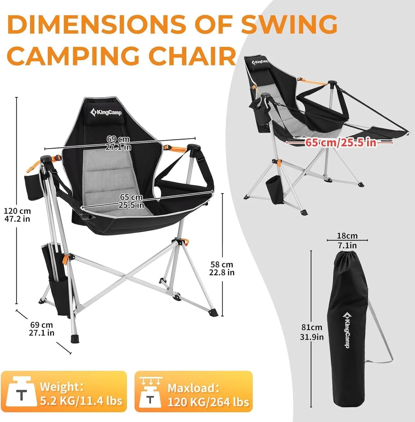 Camping Chair, Hammock , Folding Rocking , Aluminum Adjustable Back Swing , with Removable Footrest