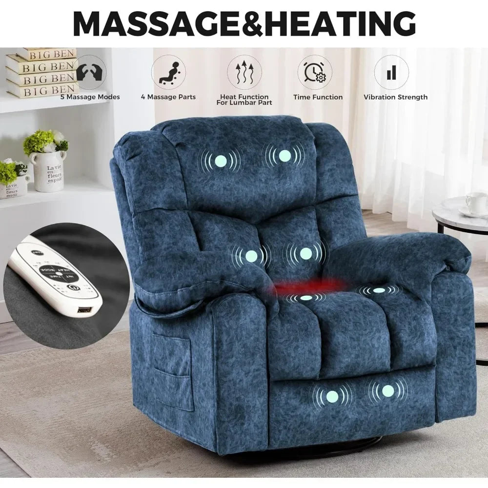 Recliner Chair Massage Rocker Swivel Heated with Hideable Cup Holders, for Adults Living Room (9020-Blue9),Living Room Chairs