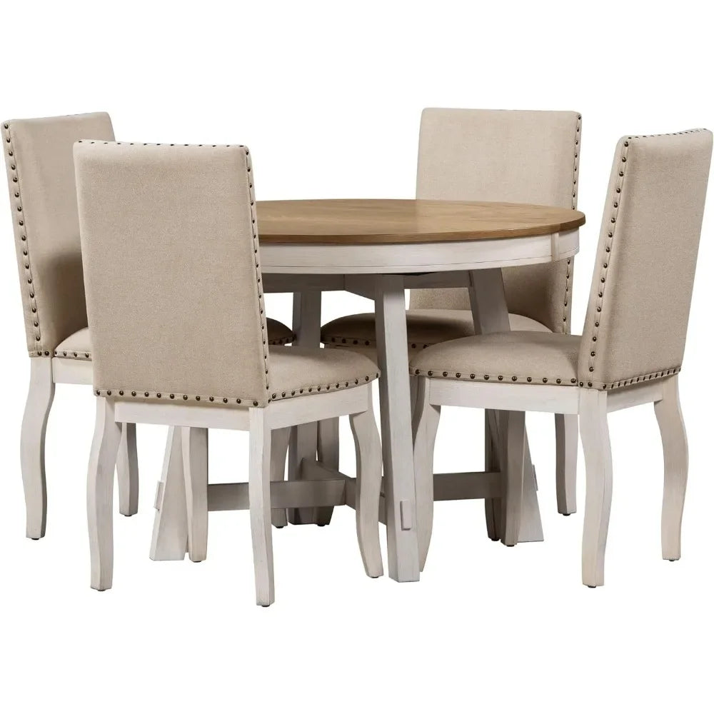 5-Piece Farmhouse Dining Table Set Wood Round Extendable Dining Table and 4 Upholstered Dining Chairs Suitable for living room