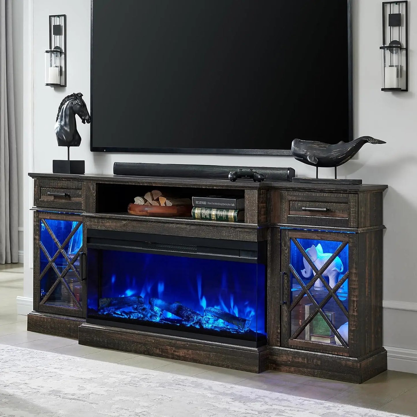 TV Stand with Fireplace, Entertainment Center Stand with 3-Sided Glass Electric Fireplace, with 2 Drawers & 2 Storage Cabinet