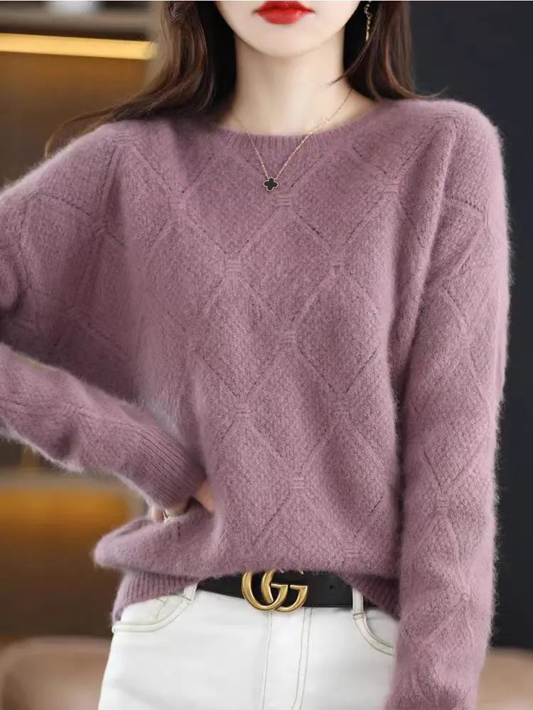 100% Mink cashmere sweater Women's knitting sweater O-neck long sleeve pullover Autumn and winter clothing warm top