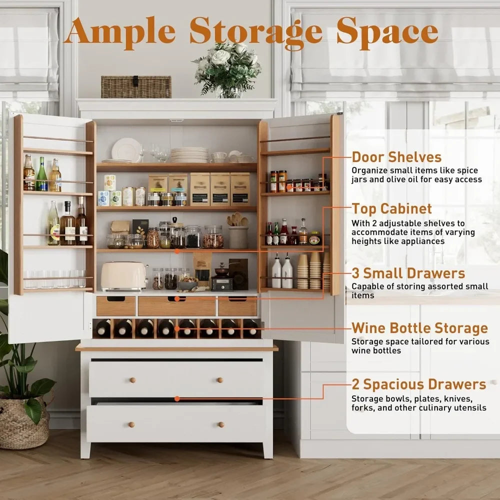 Tall Kitchen Pantry Cabinet,Wood Cupboard with 8 Door Storage Shelves,Large Storage Cabinet with Drawers & Adjustable Shelves