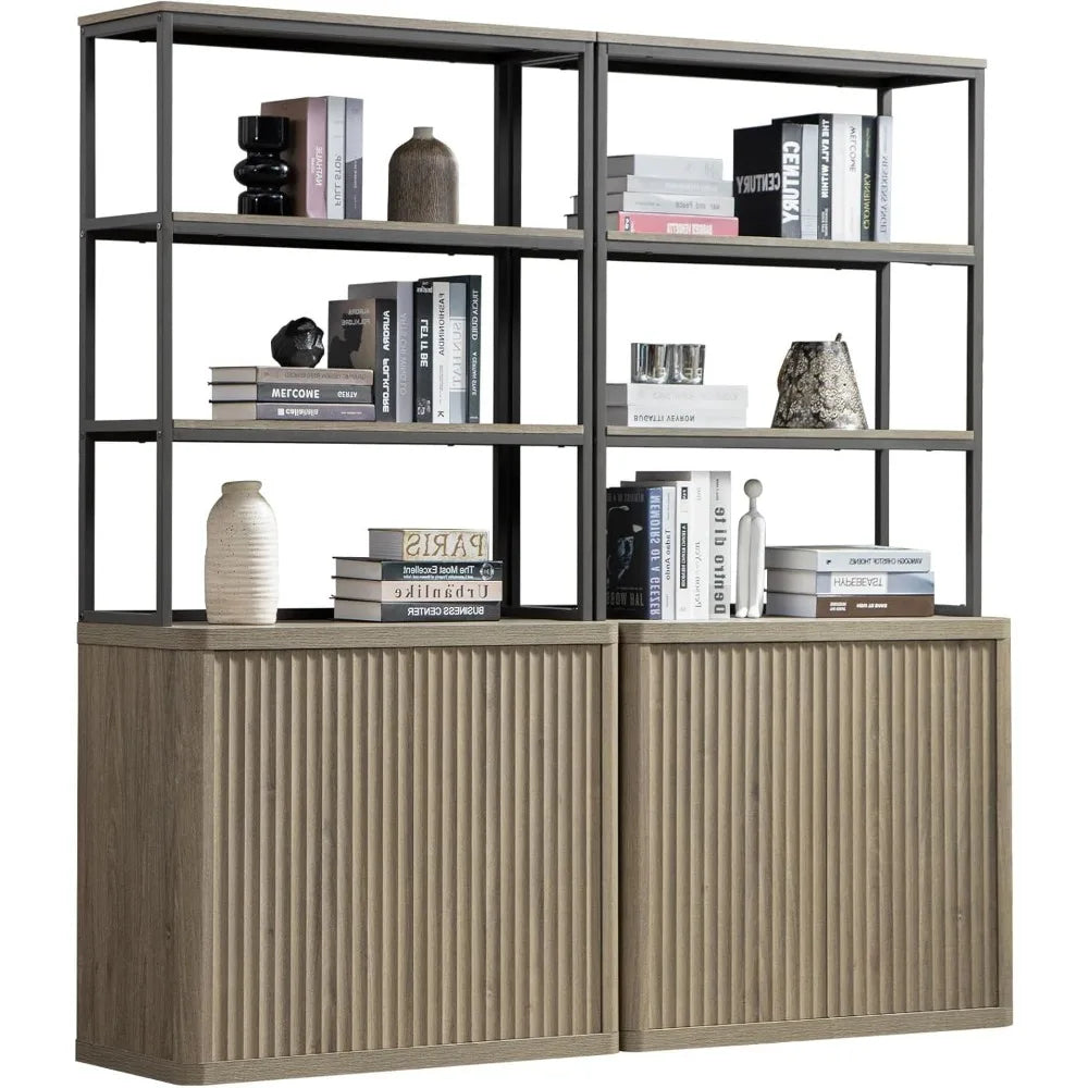 Tall Bookcase ,with Doors Storage 5 Tier Mid Century Modern Bookshelves Large Shelves  ,Wood & Metal Book Cases