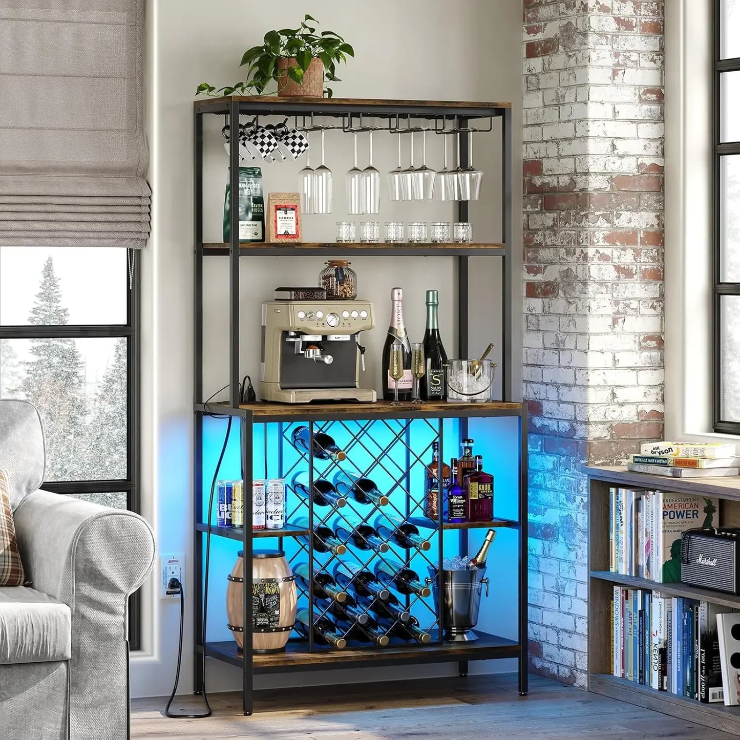 Wine Cabinet with Power Outlets & LED Lights, 5-Tier Industrial Wine Bar Cabinet with Glass Holder for Liquor Storage Wine Ranks