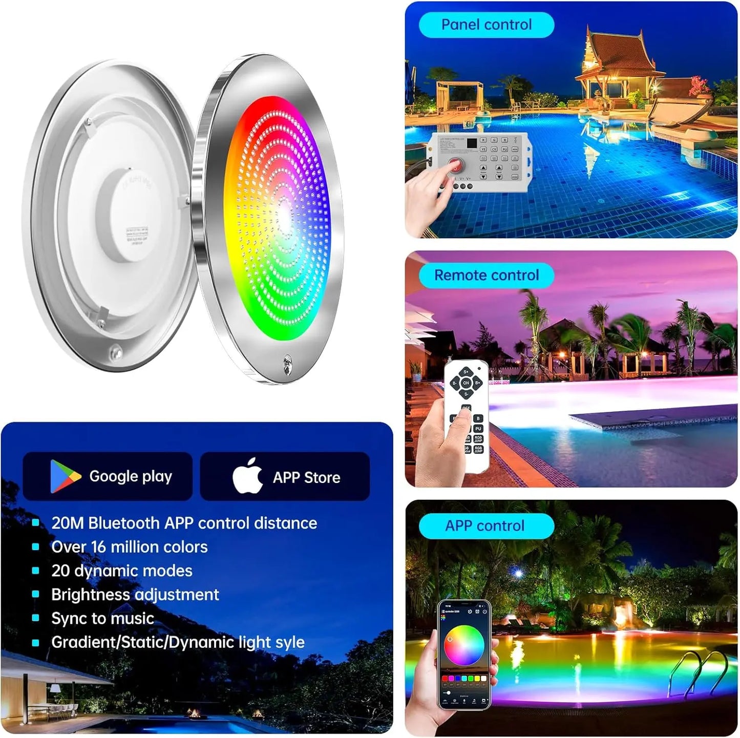 Inground Pool with 3 Control Way (App/Remote/Manual Controller), 54W 10 Inch Color Changing Underwater Swimming Pool