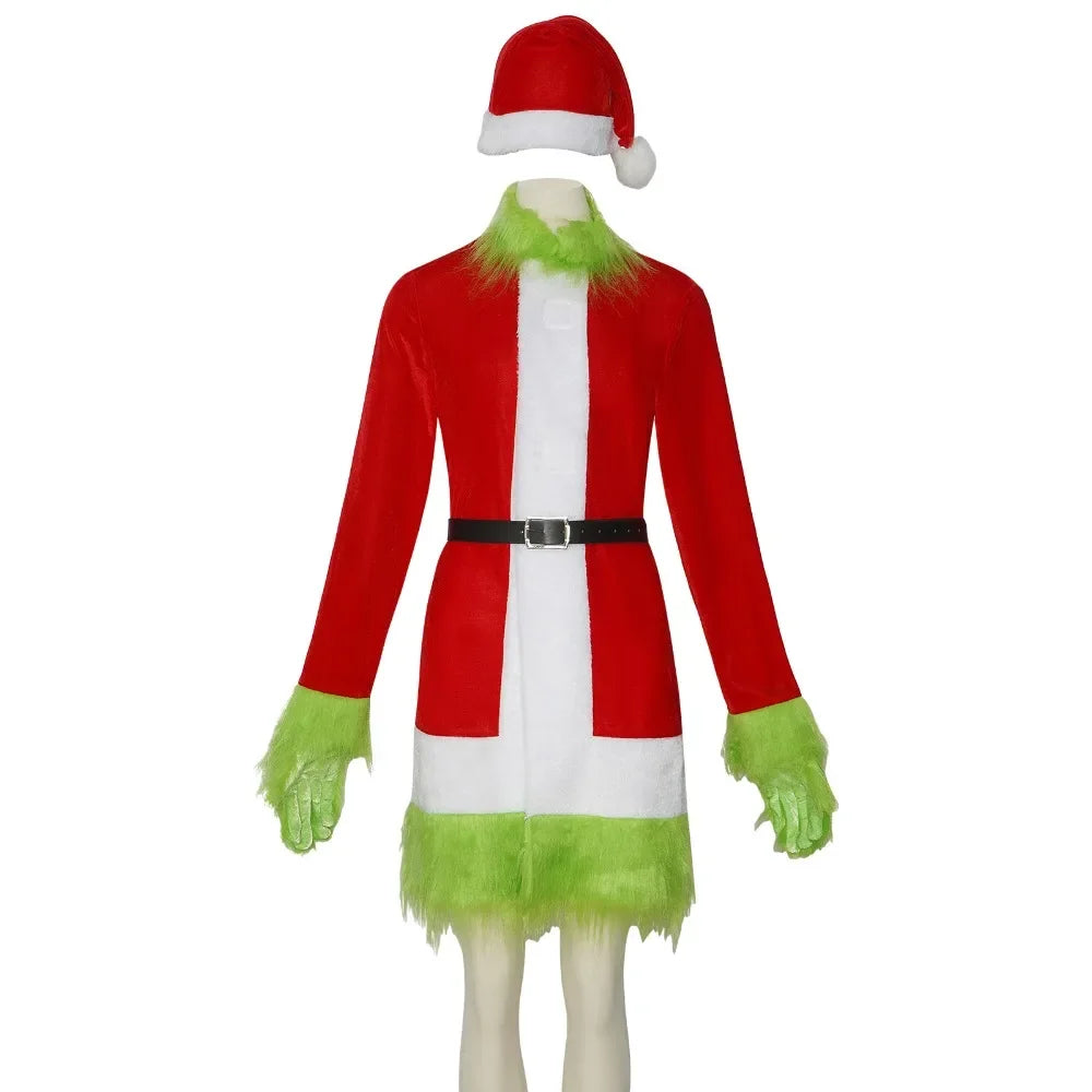 Christmas Green Fur Cosplay Costume Monster Santa Claus Disguise Red Suit Women Xmas Dress Halloween Carnival New Year Role Play