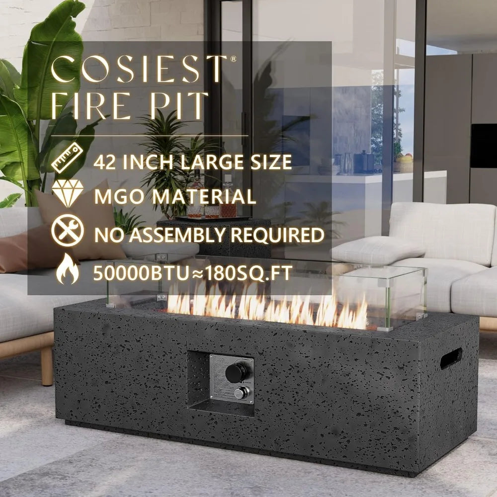 Outdoor Propane Fire Pit Coffee Table, 42-inch X 13-inch MgO Rectangle Base Patio Heater, 50,000 BTU Stainless Steel Burner