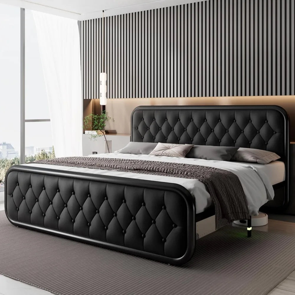 King Size Bed Frame, Heavy Duty Bed Frame with Faux Leather Headboard, Upholstered Platform Bed with Strong Metal Slats