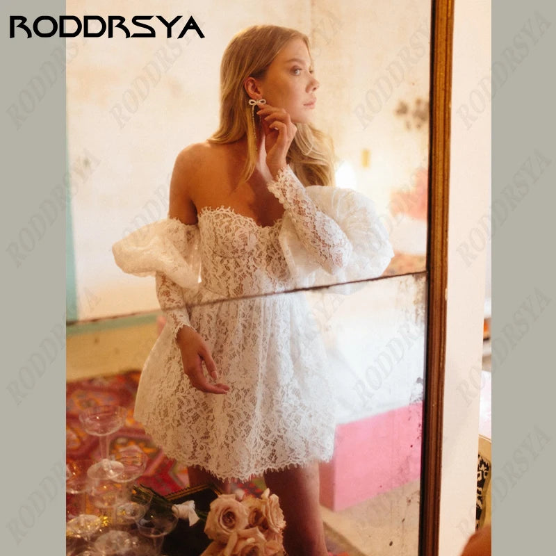 RODDRSYA Strapless Lantern Sleeves Wedding Dresses For Women A-Line Tulle Short Bride Party Zipper Backless Vestido De Novia