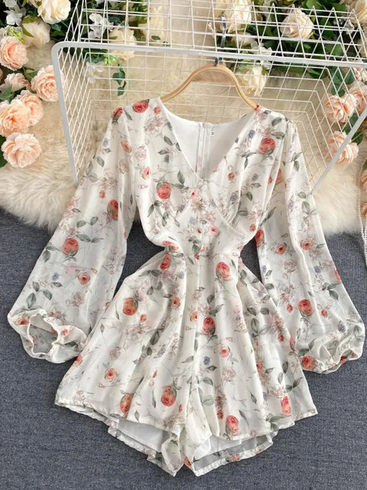 Sommer Print Strampler frauen V-ausschnitt Puff Ärmeln Taille Dünne Alle-spiel Overalls Hohe taille Chiffon Breite bein Playsuits PL465