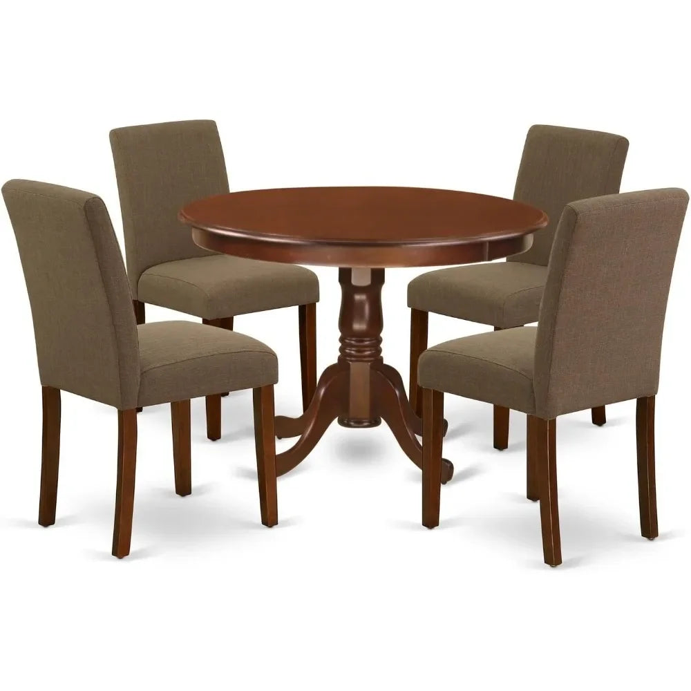 5 Piece Kitchen Table & Chairs Set Includes a Round Dining Room Table with Pedestal and 4 Coffee Linen Fabric Parsons