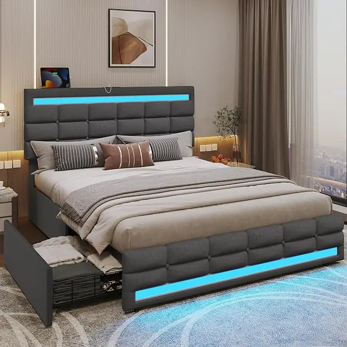 Queen Size Bed Frame with LED Upholstered Platform and Storage Drawers, USB Ports, Dark Grey Bed Frame