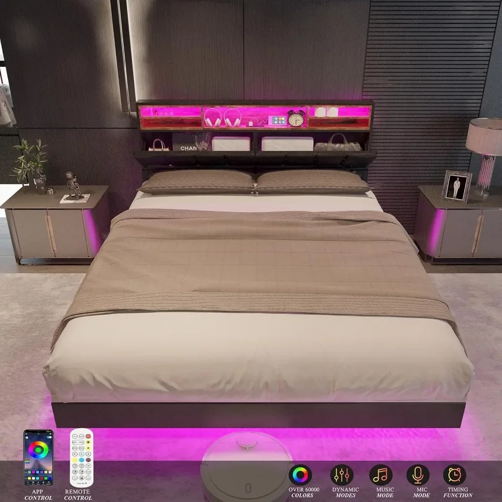 Queen Floating Bed Frame with Storage Headboard & LED Lights,Type-C & USB Charging Station,Upholstered Platform Queen Bed Frame