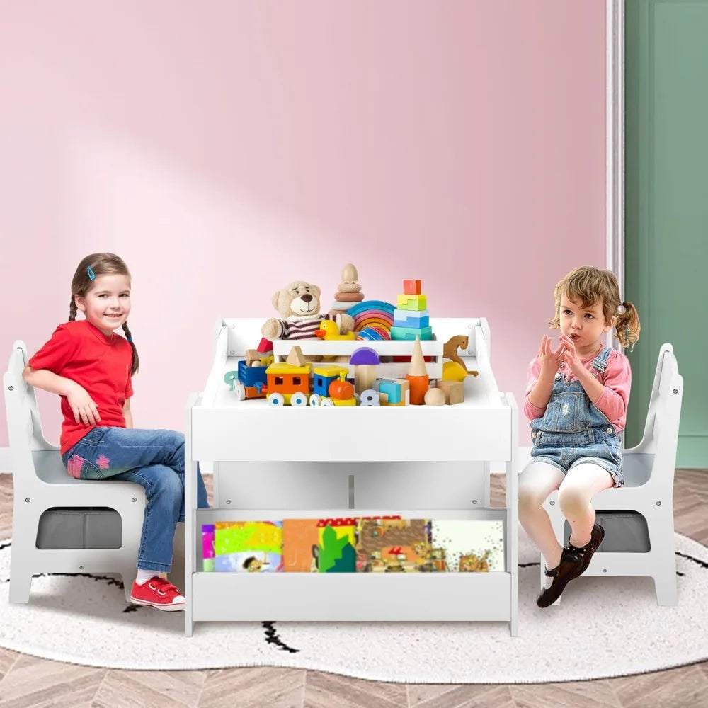 Kids Wood Table & 2 Chairs Set, 4 in 1 Children Activity Table w/Double Bookcase, Blackboard, Toddler Furniture Set for Art,