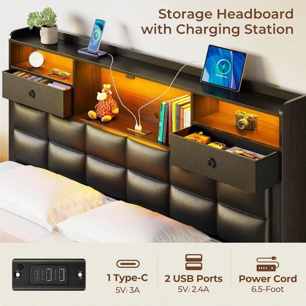 Bed Frame with Drawers and Charging Station, Upholstered Platform Bed with Storage Headboard and LED Light