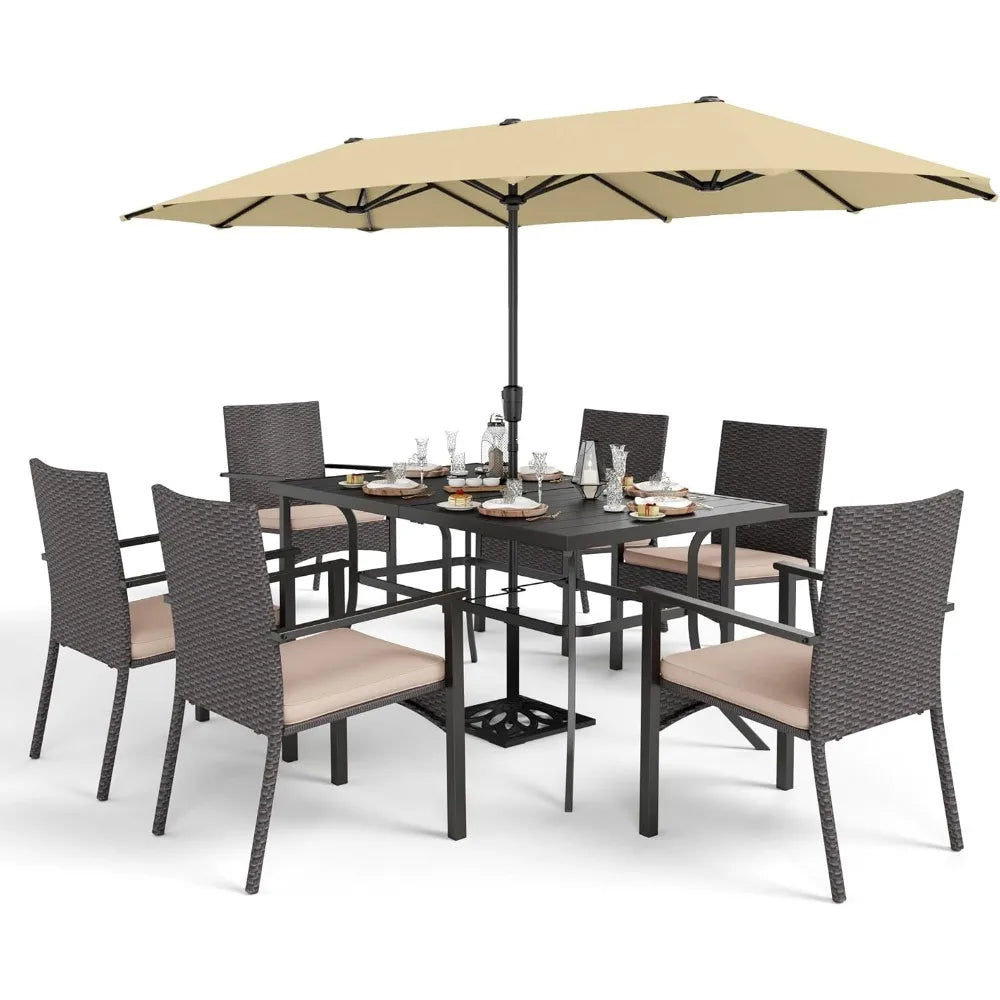 7 Pieces Outdoor Patio Dining Set, with 13ft Umbrella for 6 People, Patio Table ,Cushioned Rattan Chairs,Garden Furniture Sets