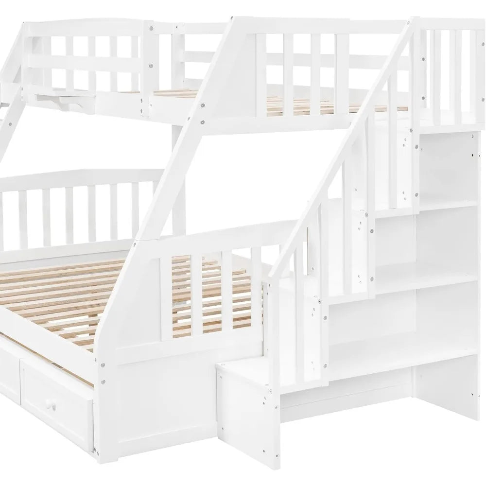 Twin-Over-Full Bunk Bed, with Stairs and Storage Drawers, Ladder, for Kids Teens Adults, Solid Wood Bunk Bed Frame