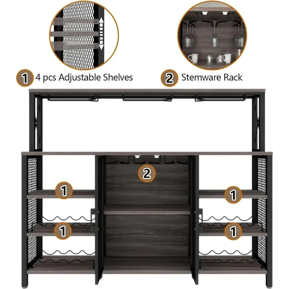 Wine Bar Cabinet, 55 Inches Industry Coffee Bar Cabinet with Wine Rack and Glass Holder, Kitchen Sideboard Buffet Cabinet